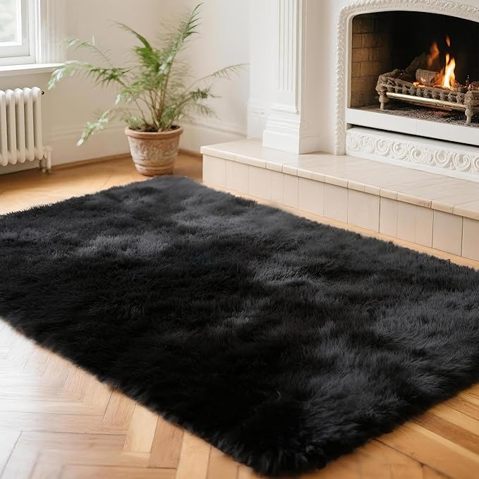 2x3 Solid Fluffy Black Area Rug – Washable, Durable, Small Bedroom Rug, Non-Slip High Pile Shag Rugs for Living Room, Bedroom, Bedside, Dorms,Grils Rooms, Kids Room, Soft Indoor Floor Carpet