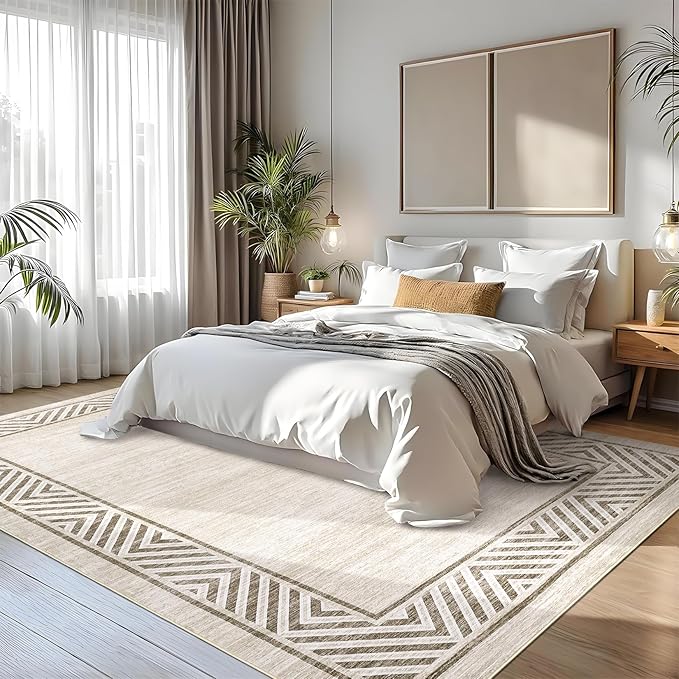 GarveeHome Modern Rugs for Living Room 8x10 Large Bordered Floor Mats with Non-Slip Backing, Stain-Resistant Bedroom Carpet, Foldable Geometric Indoor Rug for Dining Room, Kitchen, Beige