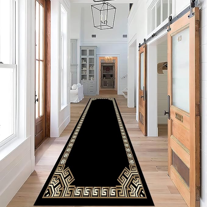Greek Key Runner Rug for Entryway, 2x6ft, Black Gold Geometric Border Area Rugs for Bedroom, Meander Pattern Fade Resistant Home Decor Carpet, Soft Reduce Noise Entry Mat for Kitchen