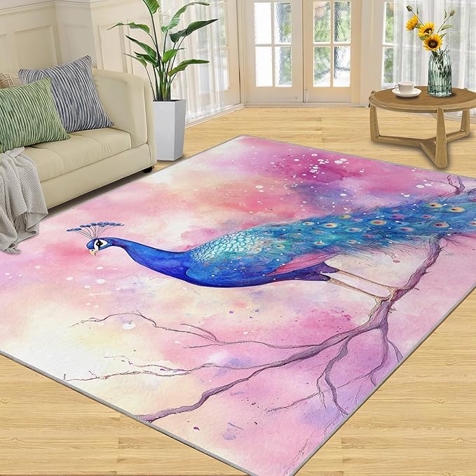 Peacock Rugs for Living Room - 4x5 Rug, Fantasy Peacock Area Rugs for Bedroom, Peafowl Rug, Girls Room Washable Carpet, Aesthetics Carpet - Peafowl Home Decor & Gifts