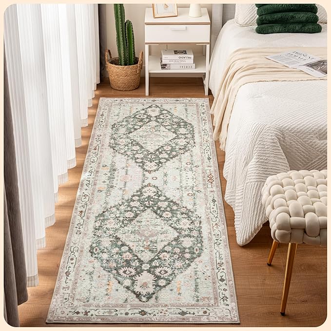 Istana Hallway Runner Rug 2.5x8 - Light Green/Beige Kitchen Rugs Non Slip Washable -Silk's Soft Touch Carpet Runner - Stylish Rugs for Home