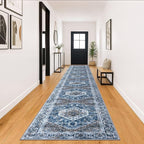 KOZYFLY Runners for Hallways 3x18 Ft Extra Long Washable Kitchen Thin Runner Rug Boho Runner Rug for Entryway Indoor Blue Printed Oriental Faux Wool Stair Floor Carpet Runner for Stair Kitchen Hall