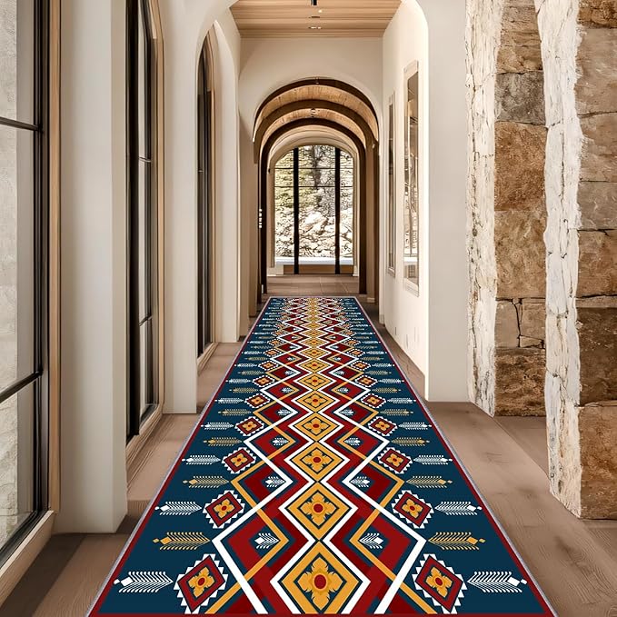 Dark Blue Runner Rug, 2x7ft Red Yello Diamond Hallway Decor Carpet, Corridor & Foyer Long Accent Rug, Entrance Non-Slip Mat Washable Rugs, Southwestern Stylish Home Decor Runner