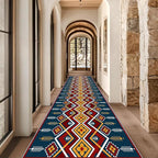 Dark Blue Runner Rug, 2x7ft Red Yello Diamond Hallway Decor Carpet, Corridor & Foyer Long Accent Rug, Entrance Non-Slip Mat Washable Rugs, Southwestern Stylish Home Decor Runner