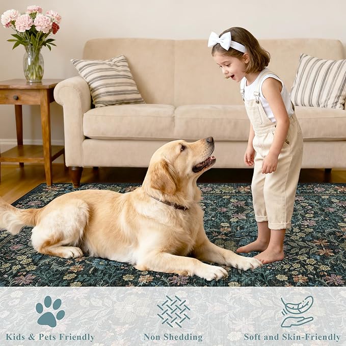 DUKINO 4x6 Rugs for Living Room, Lightweight Non Slip Washable Rug with Low Pile Design, Vintage Floral Non-Shedding Soft Carpet for Living Room, Bedroom, Farmhouse, Office, Bathroom, Blue
