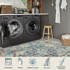 Lahome Bohemian Floral Medallion Area Rug - 3x5 Vintage Teal Distressed Entry Throw Rug Turkish Faux Wool Accent Rug Non-Slip Washable Low-Pile Carpet for Bathroom Entrance Living Bedroom