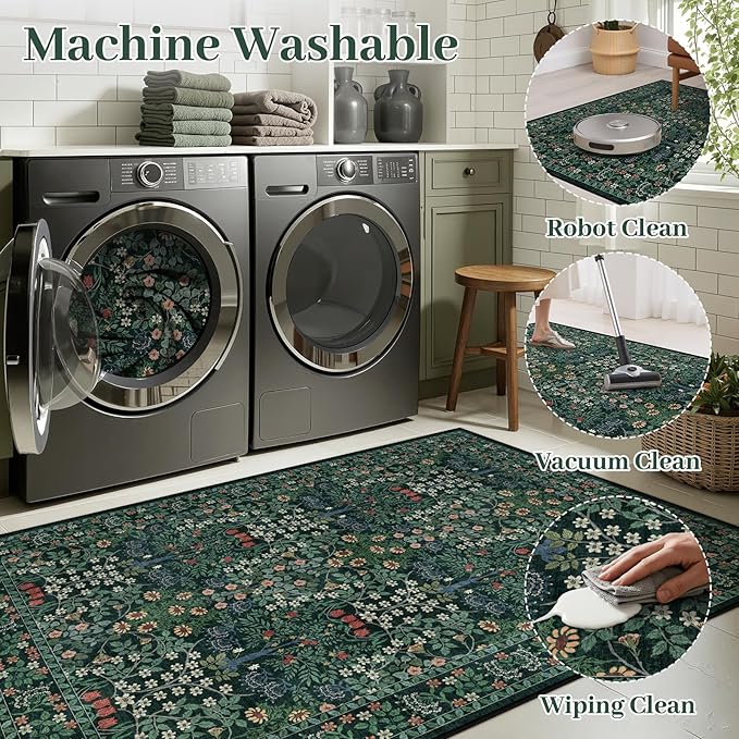 5x7 Area Rugs Living Room Rug - Floral Vintage Morris-Inspired Washable Carpet, Low Pile Non-Shedding Stain Resistance Boho Soft Carpet for Bedroom, Dining Room, Office, Farmhouse (5'x7' Dark Green)
