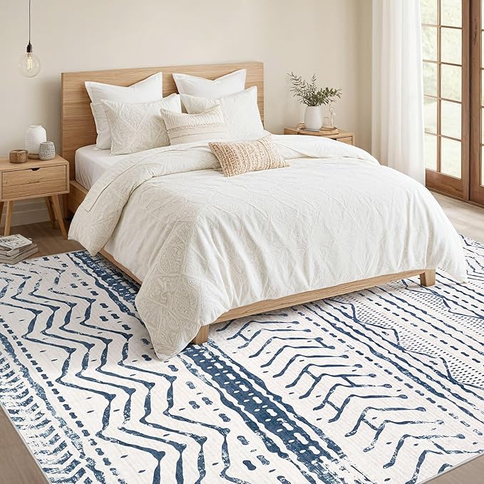 Nakagishi Area Rugs 8x10 Living Room: Washable Boho Large Neutral Soft Farmhouse Rug Stain Resistant Modern Moroccan Non-Slip Indoor Carpet for Bedroom Nursery Kids Playroom Office Dining Room- Navy