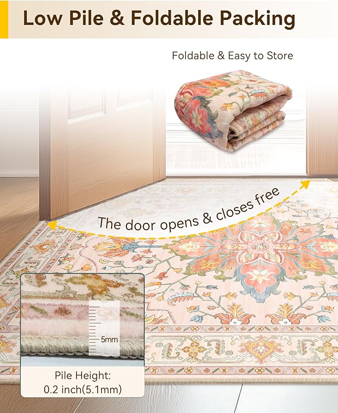 Area Rugs Square 6ft Washable Non-Slip, Floral Vintage Distress Print Pattern Medallion Carpet for Living Room Bedroom Dining Room, Light Pink Colorful