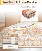 Area Rugs Square 7ft Washable Non-Slip, Floral Vintage Distress Print Pattern Medallion Carpet for Living Room Bedroom Dining Room, Light Pink Colorful
