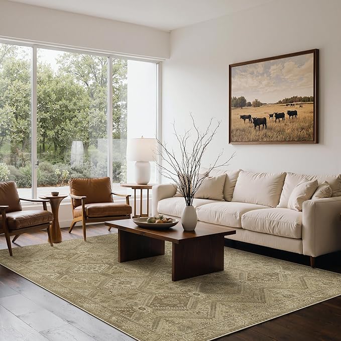 Bavni 8x10 Area Rugs for Living Room, Machine Washable Rug Non Slip, Vintage Chenille Distressed Print Carpet, Large Low Pile Ultra-Thin Lightweight Rugs for Bedroom, Dining Room, Office, Nut Brown