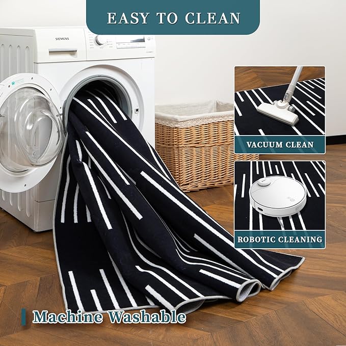 YIHOUSE Abstract Washable Rug 6x9,Ultra Thin Non Slip Black Rugs for Living Room,Modern Minimalist White Stripe Rugs for Bedroom,Dining Room Office Playroom (6'x9',Black-3)