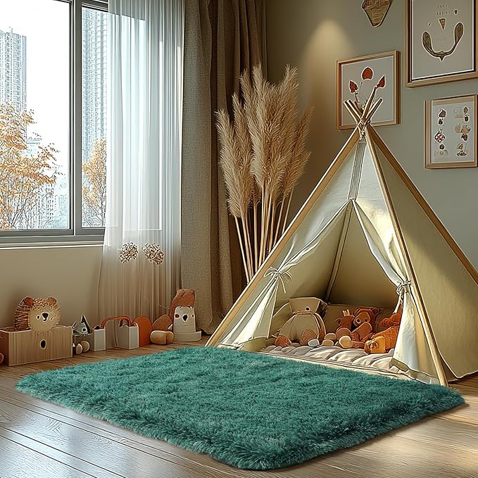 Zentavio Area Rugs for Living Room Small Carpet for Bedroom 3x5 Bedside Washable Soft Fluffy Shag Aesthetic Plush High Pile Throw Rug for Nursery Kids Room Dorm Room Green