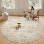 9x9 Beige Round Rug 9ft Living Room Circle Rug Vintage Round Area Rug Non Slip Indoor Carpet for Apartment