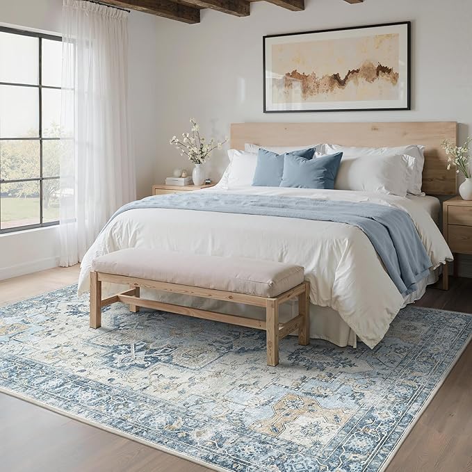 6x9 Area Rugs for Living Room, Machine Washable Rug, Non Slip Vintage Rugs, Low Pile Lightweight Print Rug for Bedroom, Dining Room, Home Office, Blue