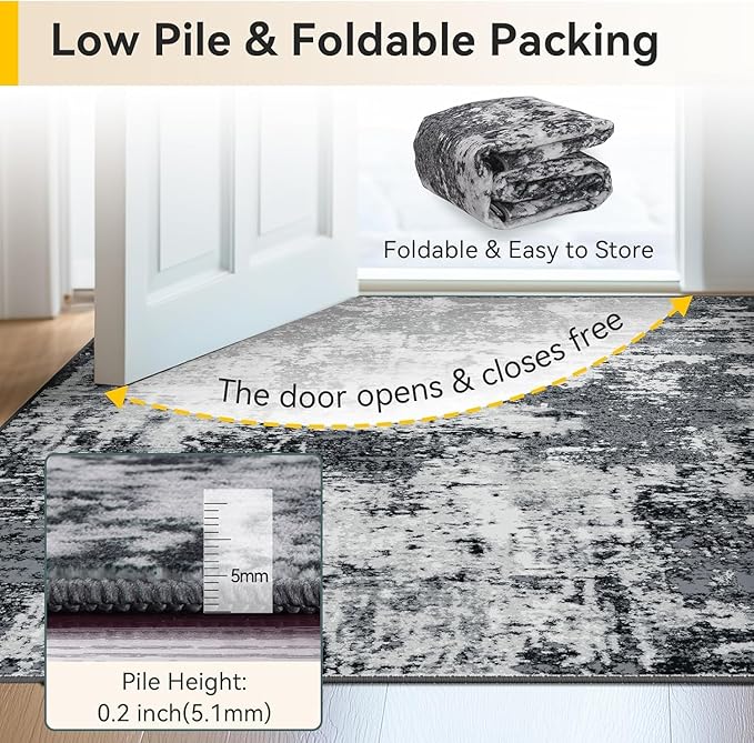 Washable Area Rugs Square 7ft Non-Slip Modern Abstract Soft for Living Room Entryway Bedroom Nursery, Print Pattern, Black Gray
