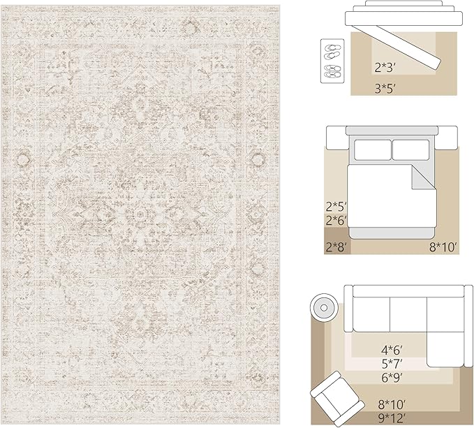 FMFUNCTEX 6x9 Washable Area Rug Beige Vintage Neutral Distressed Oriental Large Non Slip Carpet for Living Room Bedroom Soft Low Pile Indoor Mat Retro Throw Rug for Dining Room Kitchen Office Nursery