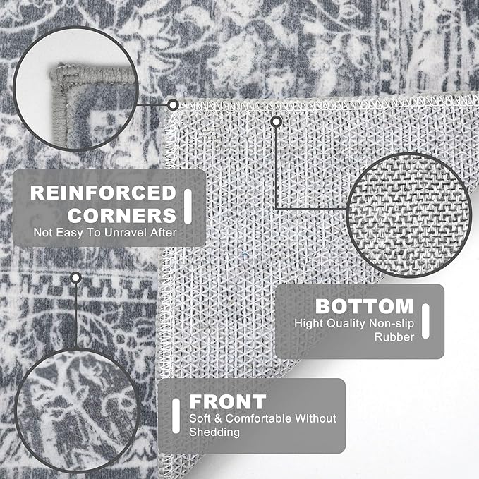 KILOCOCO Hallway Runner 2x6 Rug Runner Printed Vintage Floral Washable Kitchen Runners Non-Slip Rubber Backed Runners for Hallways Laundry Room Distressed Boho Rugs for Entryway Bedroom, Grey