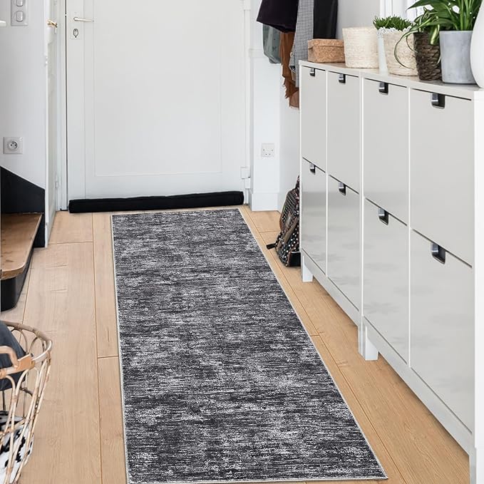 RUGSREAL Hallway Runner Rug 2.5x10 Long Kitchen Runner Rug with Rubber Backing Low Pile Stain Resistant Entryway Carpet Washable Modern Solid Color Mat for Living Room Bedroom, Dark Grey