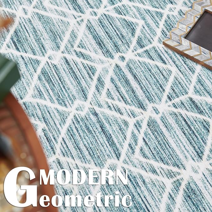 jinchan Washable Boho Area Rug 2x3 Entryway Moroccan Rug Low-Pile Geometric Rug Stain Resistant Non-Slip Ultra-Thin Carpet for Kitchen Bedroom Farmhouse Bathroom Doorway Teal Blue