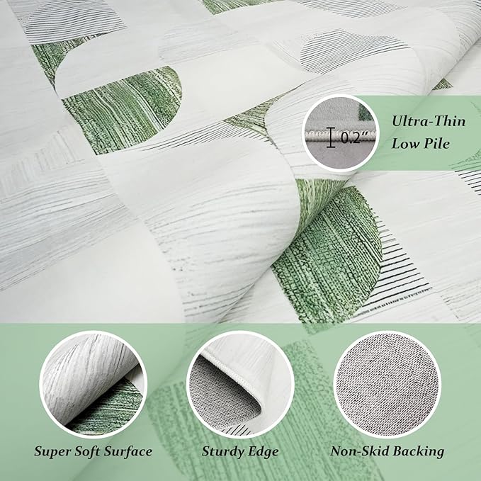 4X6 Rug Boho Washable, Modern Abstract Area Rugs for Bedroom Entryway Living Room Bedside Low-Pile, Small Throw Floor Carpet Non Slip Ultra-Thin Soft Indoor Light Green