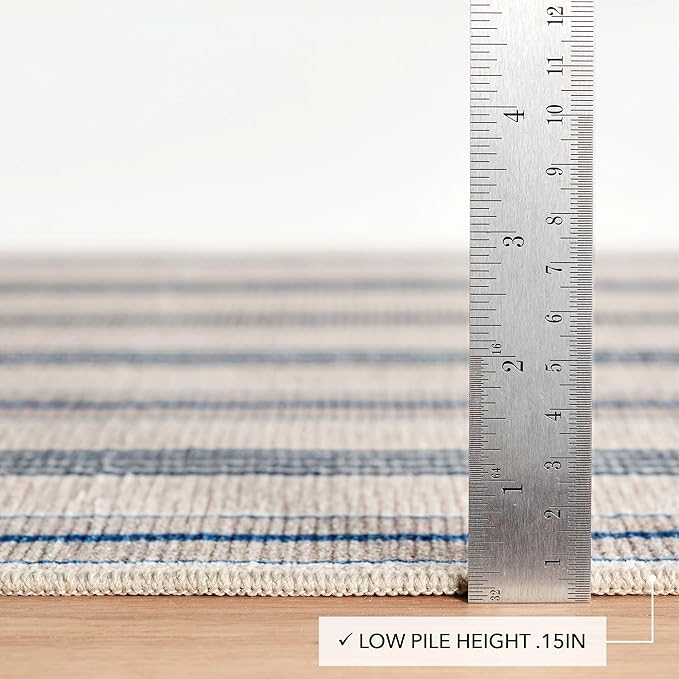 Dash and Albert Nimes Ticking Machine Washable Area Rug - 2.5' x 8' Runner Neutral Stripe Washable Accent Rug - Durable, High Traffic Kitchen, Mudroom, Hallways