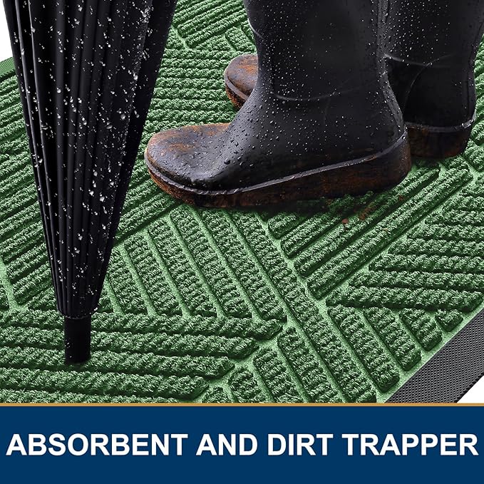 Kitinjoy Front Door Mat Outside Entrance, Sturdy Natural Dirt Trapper, Heavy Duty Rubber Doormat, Low Profile Non-Slip Backing, Easy Clean Floor Mat for Indoor Outdoor Entry, 47X32 Inch, Green