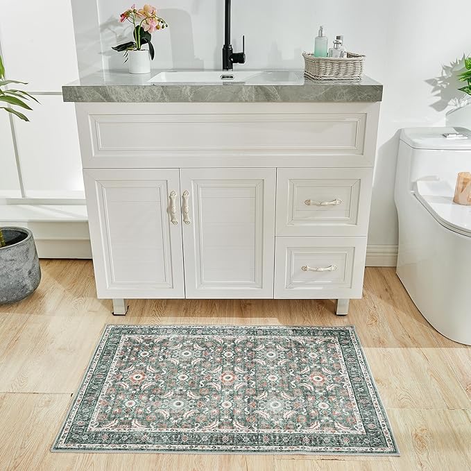 WITSHOCK Washable 2x3 Entryway Area Rug: Soft Non-Slip Backing Washable Rugs Vintage Flower Boho Accent Small Rugs for Bedroom, Kitchen, Bathroom, Nursery Entrance,Teal Blue