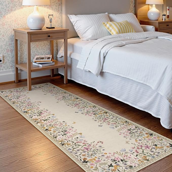 Lahome Boho 2x6 Bathroom Runner Rugs Non Slip Washable, Floral Carpet Runners for Hallway 6ft Kitchen Rug Runner, Soft Non Skid Runners for Entryway Laundry Bedroom (Beige,2x6)