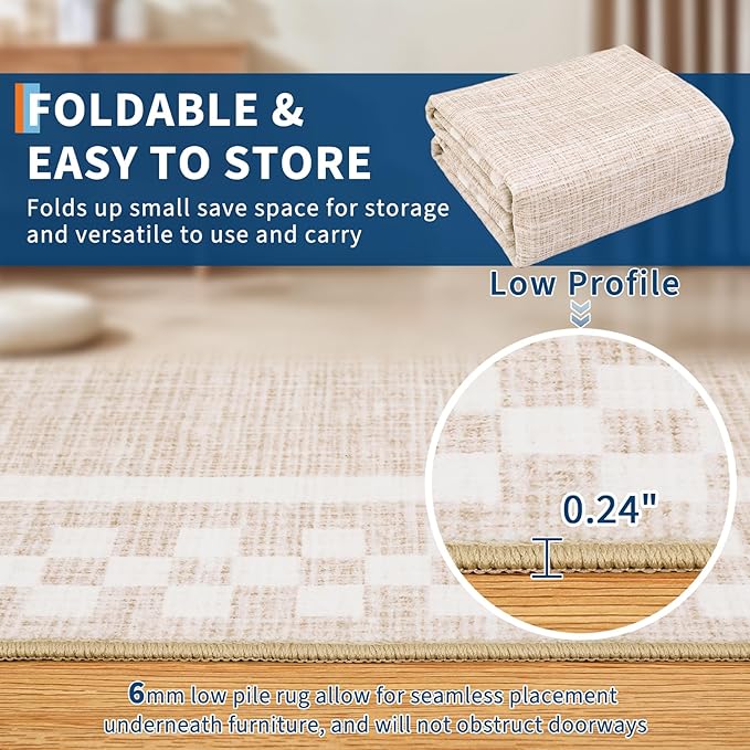 GarveeHome Modern Bordered 8x10 Area Rugs for Living Room Bedroom Soft Washable Large Bedroom Throw Carpet Non Slip Checkered Geometric Rugs for Dining Room Home Decor Office, Beige
