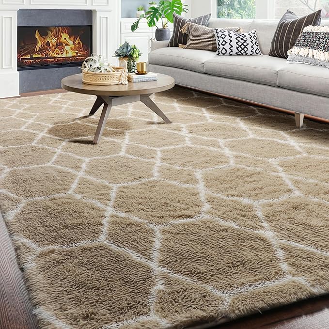 ONASAR 8x10 Area Rugs for Living Room, Fluffy Beige and White Bedroom Rug, Washable Geometric Boho Large Soft Plush Shaggy Fuzzy Floor Carpet for Nursery Kids Classroom Playroom Dorm Home Decor