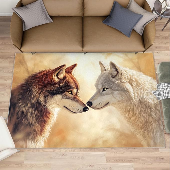 Wolf Rugs for Bedroom - 5x6 Area Rug - 3D Wolf Rugs for Living Room, Misty Forest Rug, Non-Slip Washable Home Decor Carpet