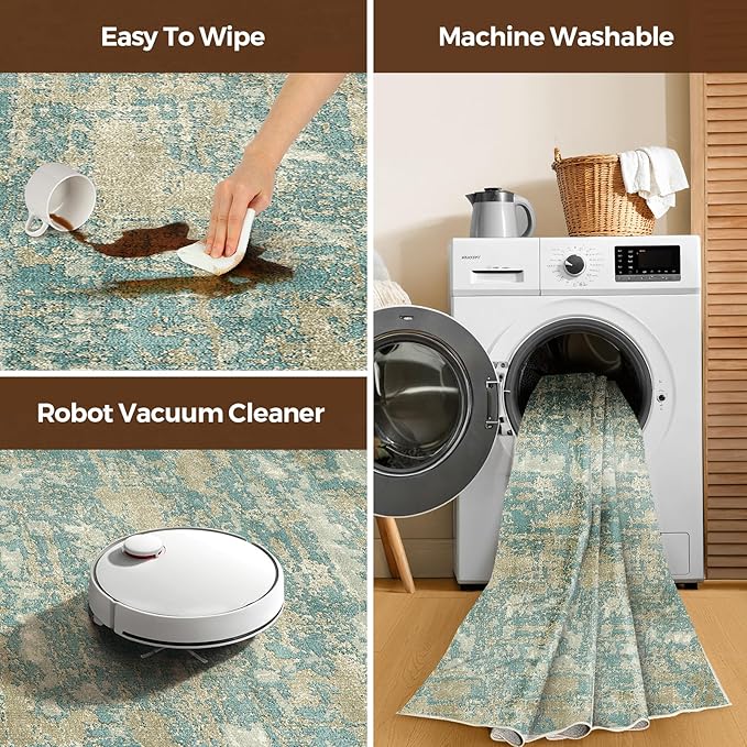 WITSHOCK Living Room Area Rugs 7x9：Modern Abstract Machine Washable Large Rug for Bedroom Dining Room Non-Slip Stain Resistant Home Office Decor,Teal Brown