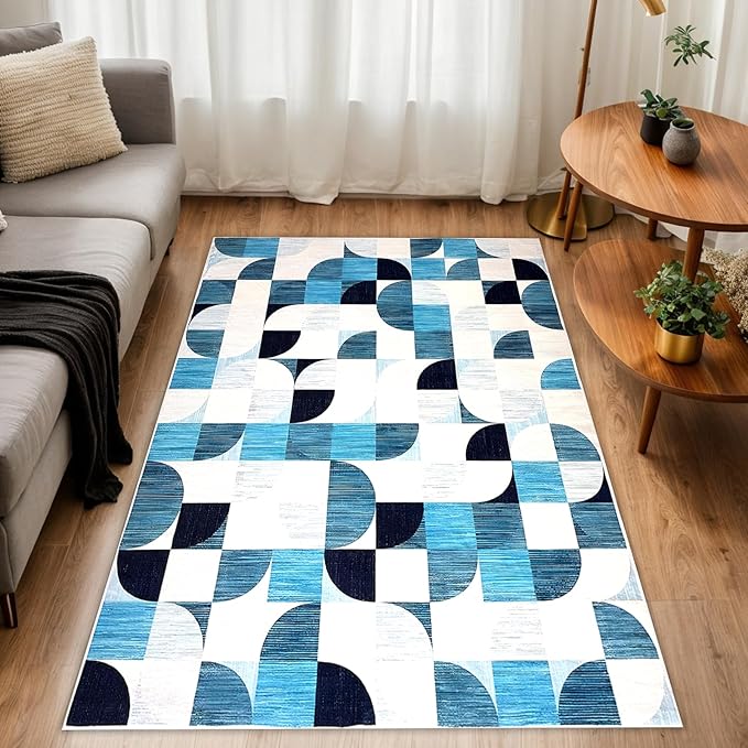 3x5 Rugs Machine Washable, Modern Abstract Area Rugs for Bedroom Entryway Living Room Bedside Low-Pile, Boho Small Throw Floor Carpet Non Slip Soft Indoor Rug Ultra-Thin Navy Blue