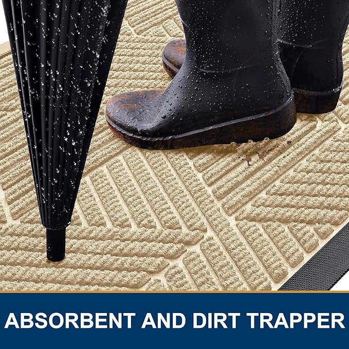 Kitinjoy Front Door Mat Outside Entrance, Sturdy Natural Dirt Trapper, Heavy Duty Rubber Doormat, Low Profile Non-Slip Backing, Easy Clean Floor Mat for Indoor Outdoor Entry, 29.5X17 Inch, Beige