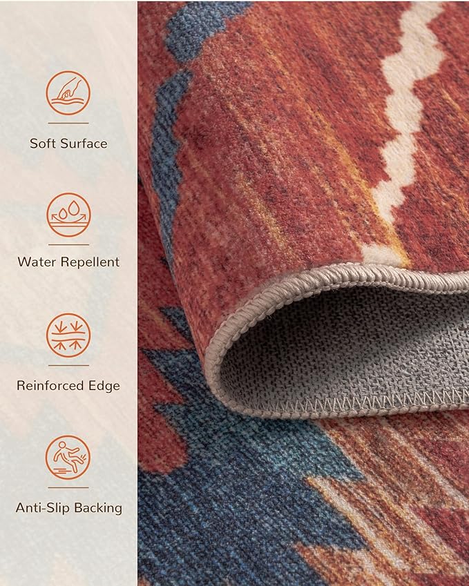 Area Rug 2x8 Rug Machine Washable Non-Slip Low Pile Print Pattern Western Rug for Living Room Bedroom Entryway Tribal Series -Red/Orange