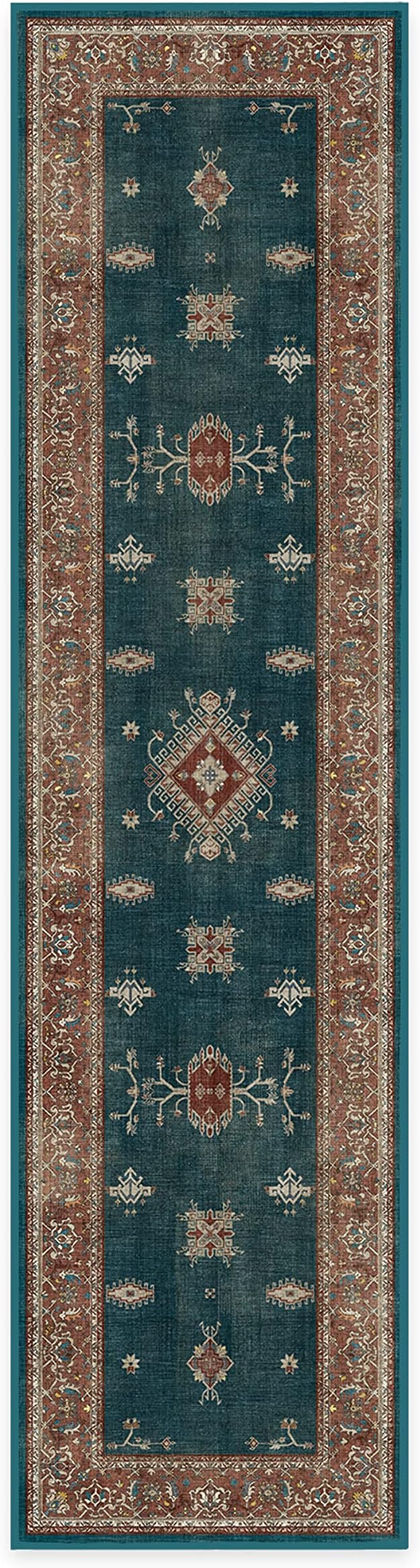 RUGGABLE Washable Vintage Runner Rug – Verena Teal Blue 2.5x10, Stain-Resistant, Non-Slip Hallway Runner – Machine Washable Rug for Hallway, Entryway, Living Room & Kitchen–with Cushioned Pad