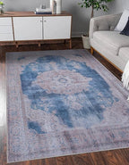GLN Rugs Traditional Collection - Machine Washable Area Rug, Traditional Washable, Non Slip, Low Pile Chenille Rug, Living Room, Bedroom, Kitchen Rug (6' x 9' Cream/Navy)