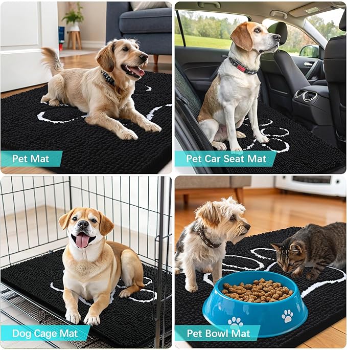 OLANLY Dog Door Mat for Muddy Paws 59x35, Paw Print Design, Absorbs Moisture and Dirt, Absorbent Non-Slip Washable Doormat, Quick Dry Chenille Mud Mat for Dogs, Entry Indoor Entryway Carpet, Black