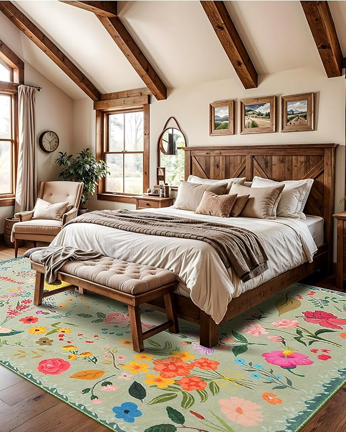 Area Rug 8x10, Washable Large Rugs for Living Room, Non Slip 0.27" Low Pile Vintage Floral Large Carpet for Bedroom, Dining Room, Kids Playroom (Green)