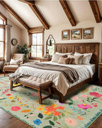 Area Rug 8x10, Washable Large Rugs for Living Room, Non Slip 0.27" Low Pile Vintage Floral Large Carpet for Bedroom, Dining Room, Kids Playroom (Green)