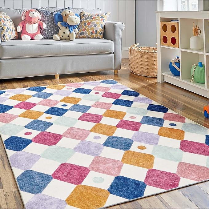 jinchan Macy Area Rug 3x5 Kids Washable Indoor Floor Cover Non-Slip Modern Soft Rug Elementary School Classroom Colorful Diamond Carpet for Nursery Playroom Daycare Living Room Berries on Cream