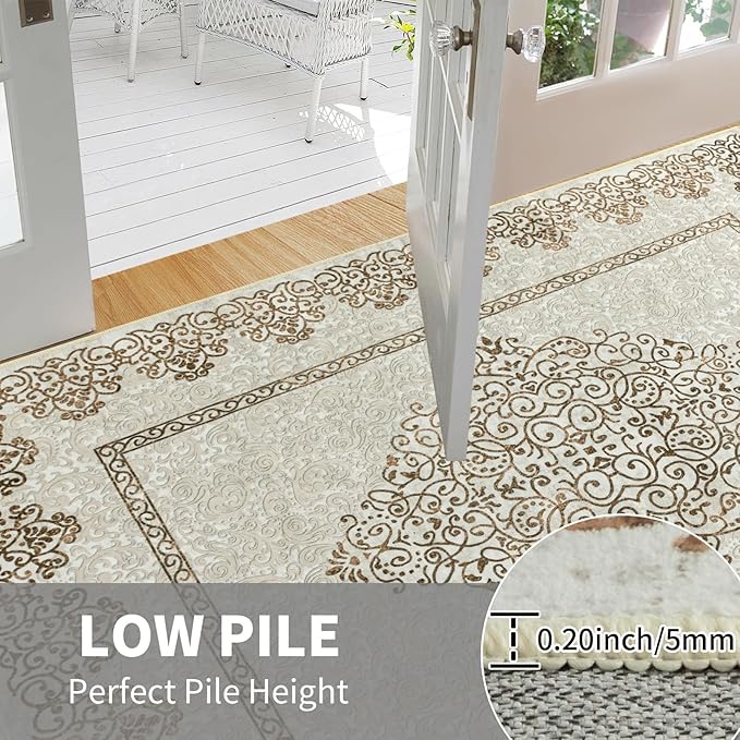 Easy-Going Area Rug 5x7 Washable Boho Neutral Rugs for Living Room Non-Slip Bedroom Rug Low Pile Lightweight Floral Brown Print Vintage Throw Rug for Dining Room Bathroom Kitchen Home Office Carpet
