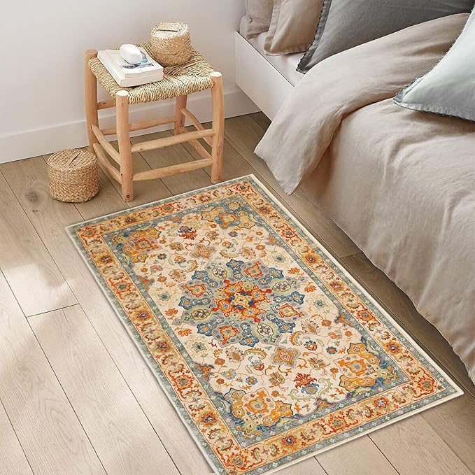 COMSLE Boho Area Rug, 2 x 3 Ft Washable Small Rugs for Entryway Faux Wool Distressed Non-Slip Floor Carpet Indoor Door Mat for Bedroom Kitchen Living Room