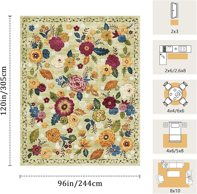 8x10 Machine Washable Area Rug for Living Room, Green Vintage Boho Floral Rug Large Non-Slip Low Pile Soft Faux Wool Carpet, Kids and Pets Friendly for Bedroom Dining Room Farmhouse Home Decor Rug