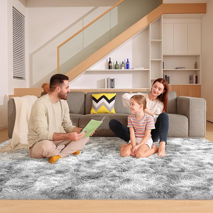 6x9 Tie-Dyed Grey Rugs for Living Room Bedroom, Fluffy Large Area Rug Soft Shag Non-Slip Carpet for Kids Boys and Girls Room Dorm Home Decor (6ft x 9ft)