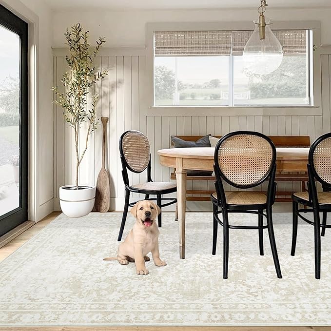 Vintage Living Room Area Rug - 5x7 Large Machine Washable Boho Area Rug Distressed Floral Rugs for Bedroom, Soft Non-Slip Indoor Floor Accent Rugs for Office Dining Room (Cream Beige, 5'x7')