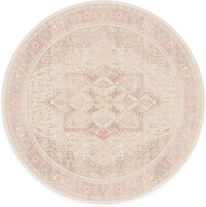 RUGGABLE Washable Area Rug – Kamran Soft Pink 6 ft Round, Stain-Resistant, Non-Slip – Medium Machine Washable Rugs for Living Room, Bedroom, Hallway, Entryway & Office–with Cushioned Pad