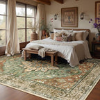 Area Rugs 10'x12' Washable Non-Slip, Floral Vintage Distress Print Pattern Medallion Carpet for Living Room Bedroom Dining Room, Brick Red Rust Neutral Brown Burnt Orange Green