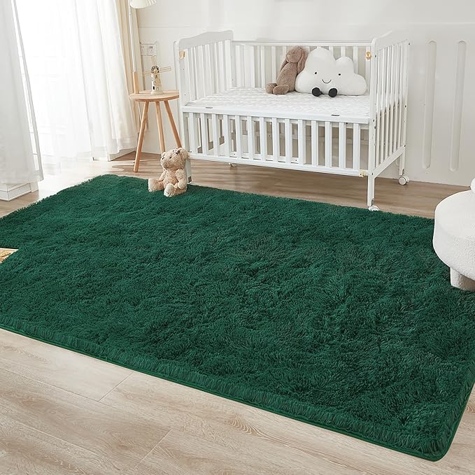 Andency Emerald Green Soft Area Rugs for Living Room Bedroom, 5x8 Fluffy Shaggy Bedside Rug, Non-Slip Large Shag Fuzzy Plush Carpets for Bedroom Kids Dorm Nursery Home Decor Aesthetic